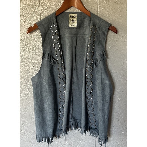 Western Rise Jackets & Blazers - Women's Vocal USA Gray Suede Fringe Open Vest Size XL Western Boho Festival